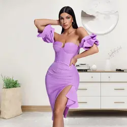 HQBORY 2024 summer women mid-length bandage dress sexy ladies Puff Sleeve elegant  bodycon party fashion dress vestido