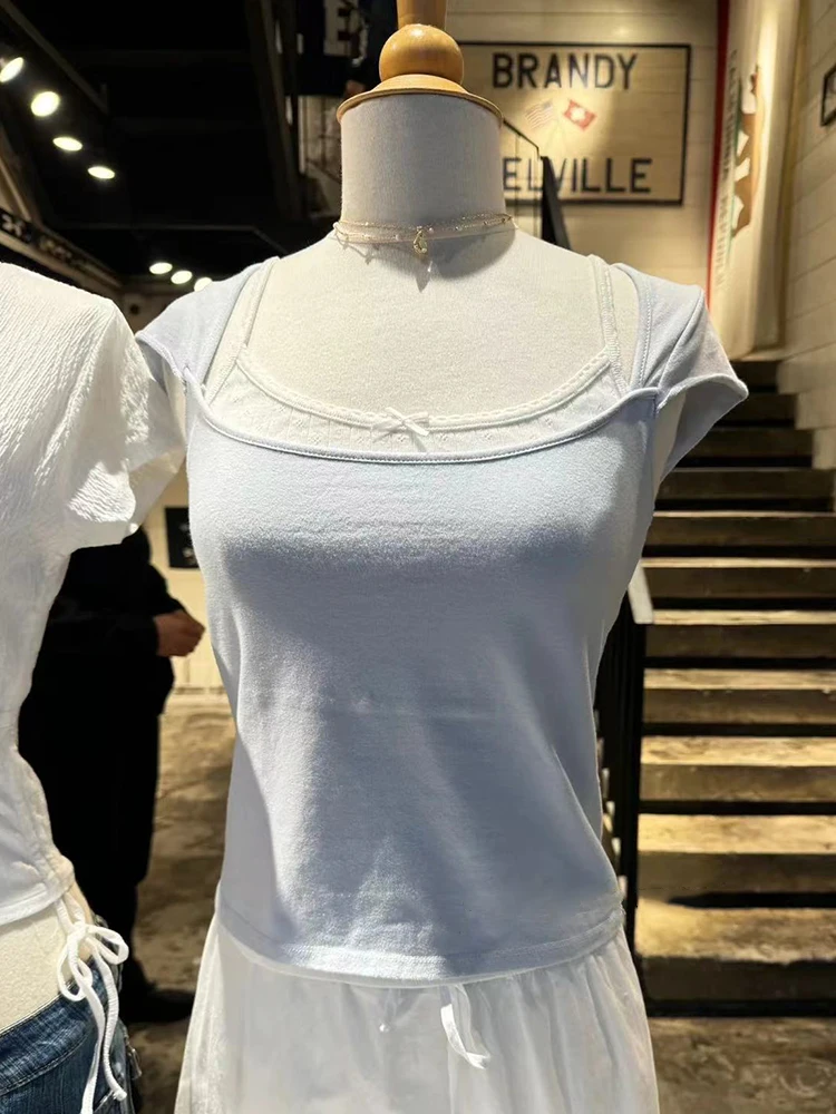 Sweet Blue Square Collar Slim T Shirt Women Summer Cotton Crimping  Short Sleeve T-shirts Casual Streetwear Cute Solid Crop Top