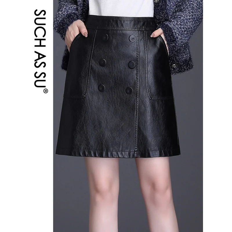 Fall Winter Leather Skirt 2023 New Fashion Black High Waist Button PU Pockets A Line Skirts M-4XL Size Mini Skirt Female