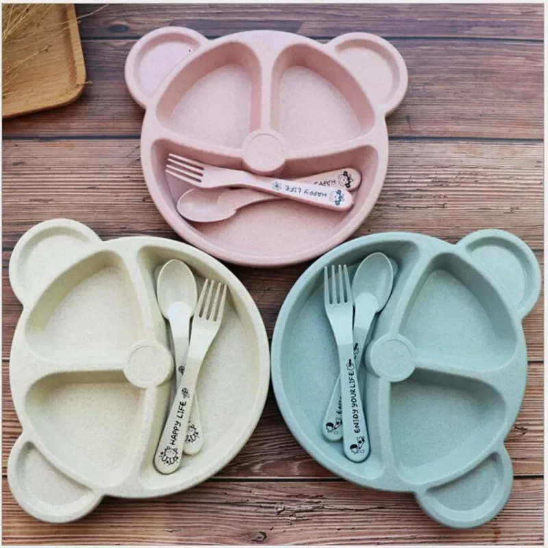 3pcs/set Wheat Straw Tableware Cartoon Bear Children Dishes Kids Dinner Plate Baby Plate Fork Spoon Baby Eating Dinnerware Set