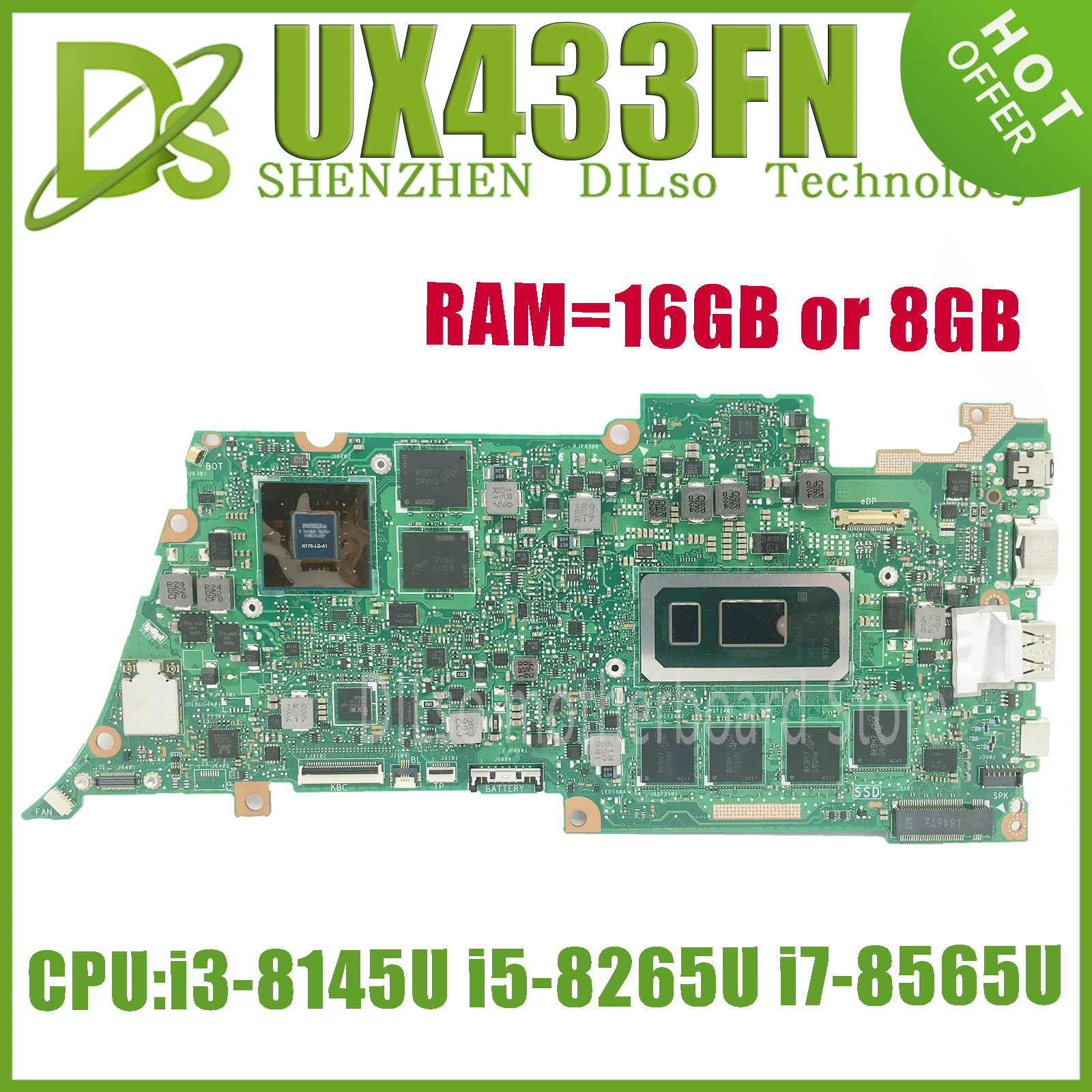 KEFU UX433FA Motherboard For ASUS Zenbook 14 UX433F UX433FN U4300F Laotop Mainboard W/I3-8145U I5-8265U I7-8565U 8GB/16GB-RAM