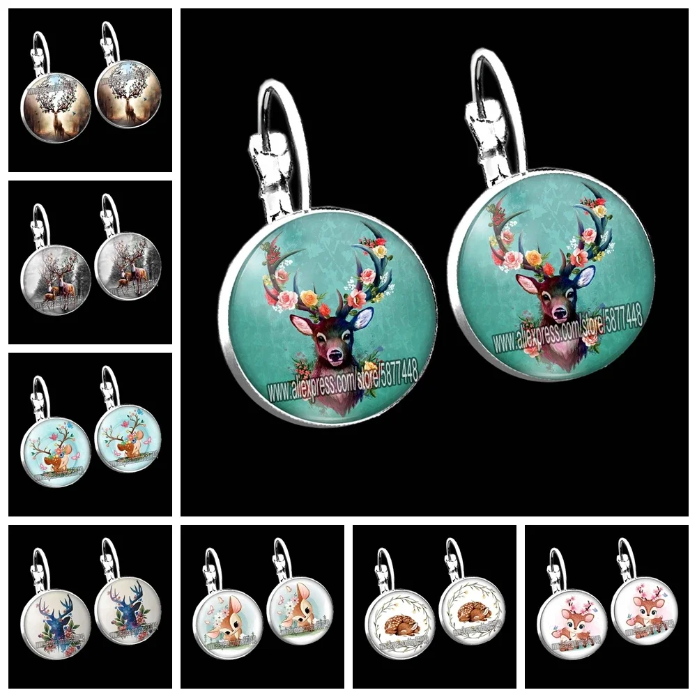 Beautiful Elk Deer Glass Stud Earring Fashion Cartoon Sika Deer French Hook Earrings Flower Horned Deer Earring for Women