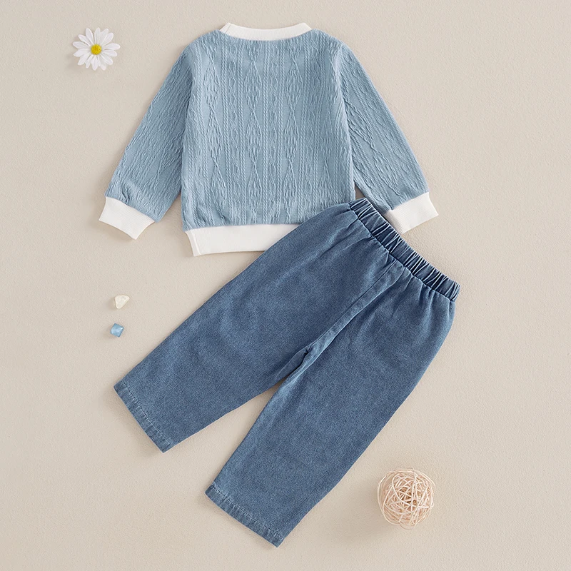 Suefunskry Kids Boy Autumn 2PCS Outfits Long Sleeve O Neck Letter Embroidery Pullover Tops Ripped Denim Pants Sets