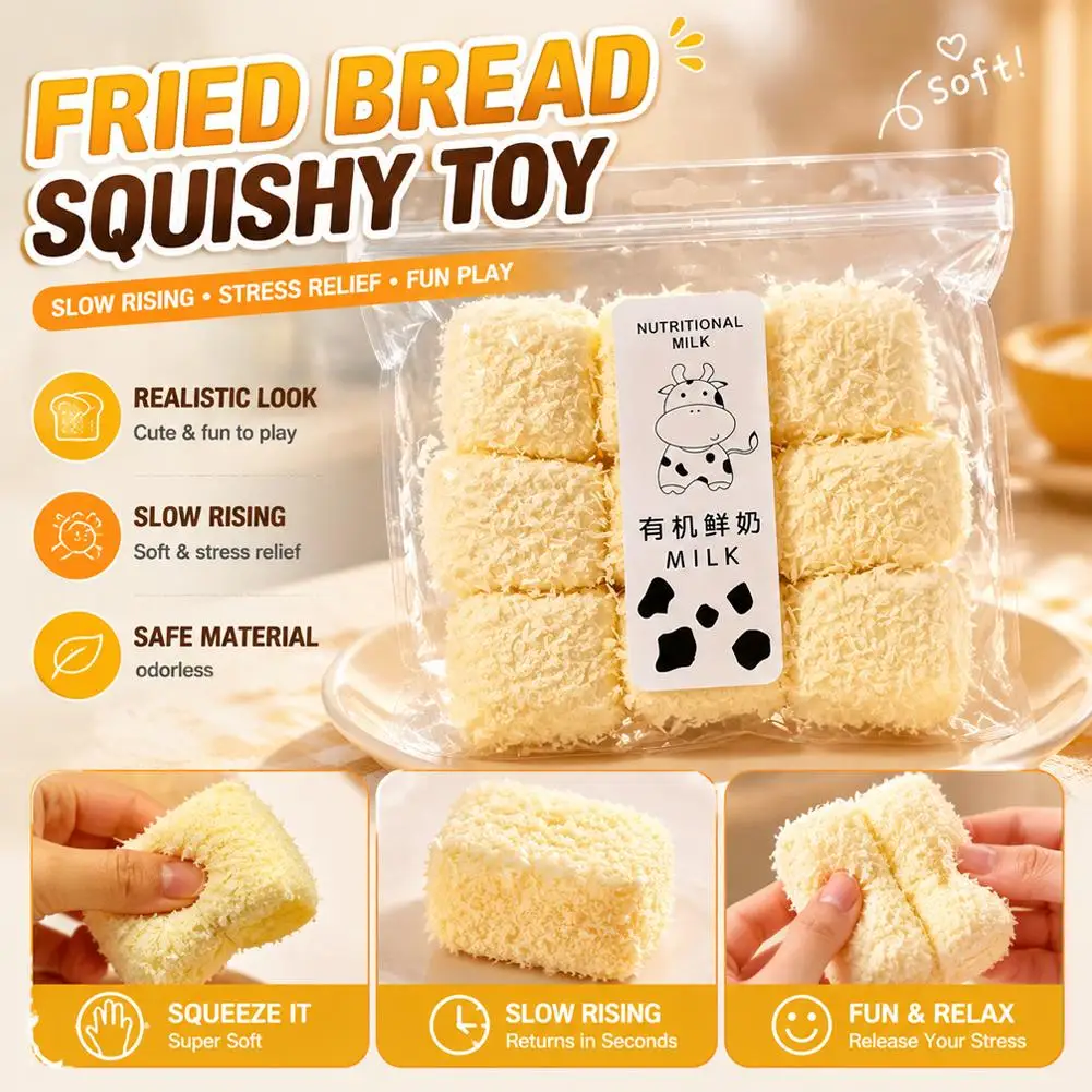 Weiche Milch-Kokosnuss-Würfel-Quetschspielzeuge, simulierte Bratbrot-Stressabbau-Fidget-Sensorikspielzeuge für Kinder und Erwachsene, Partygeschenke, 9 Stück – Detail 3