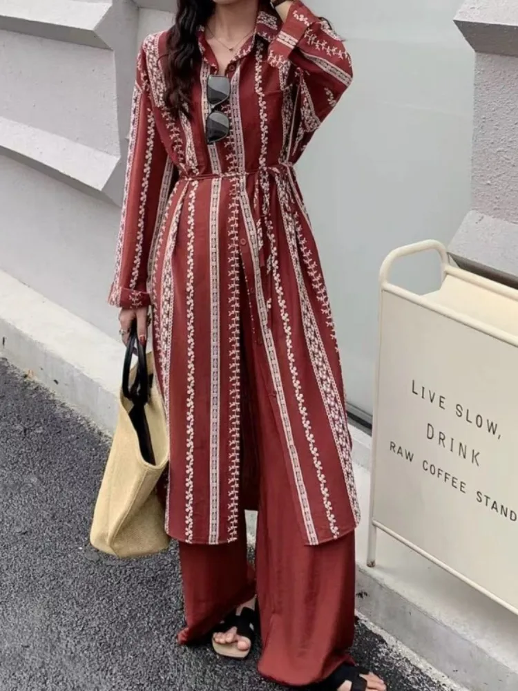 เยซซี่ผู้หญิงปักเสื้อเชิ้ต 2025 ใหม่แขนยาวหลวมกระดุมสบายๆวันหยุดโบโฮสไตล์มิดิเดรส