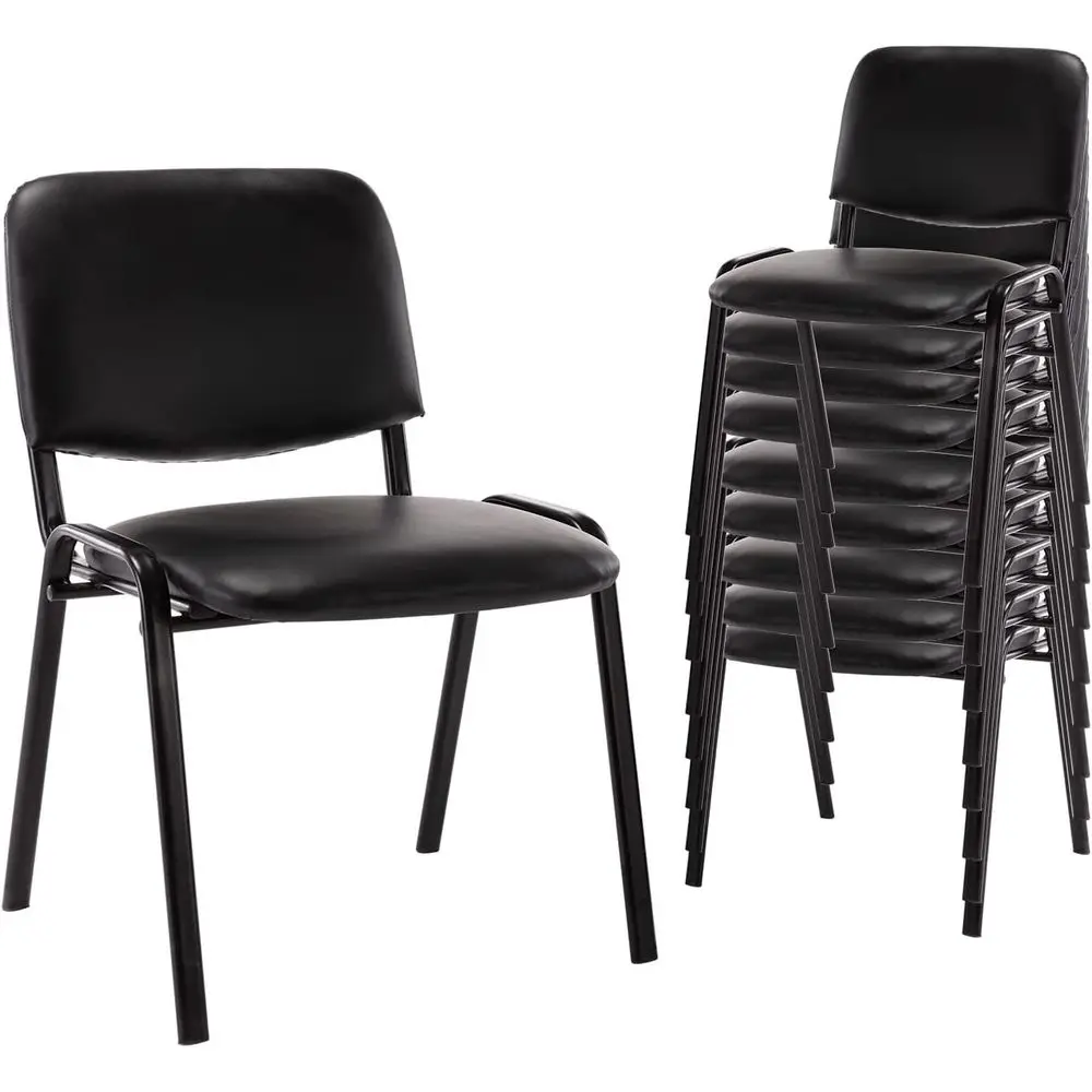 Set of 10 Black Leather Stackle Waiting Room Chairs - Padded Stationary Office Reception Chairs for Lobby, Breakroom, Clinic, Ch