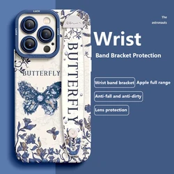 Deluxe Wrist Band Bracket Case For iphone 15 14 13 12 11 Pro Max X XR Xs Silicone Cell Phone Protective Cover Butterfly leaves