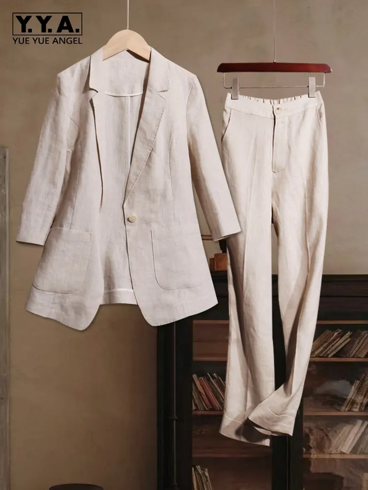 Conjuntos de Chaqueta y Pantalón de Lino Puro para Mujer, Traje de Verano Delgado de Manga Tres Cuartos, Blazer y Pantalón a la Altura del Tobillo