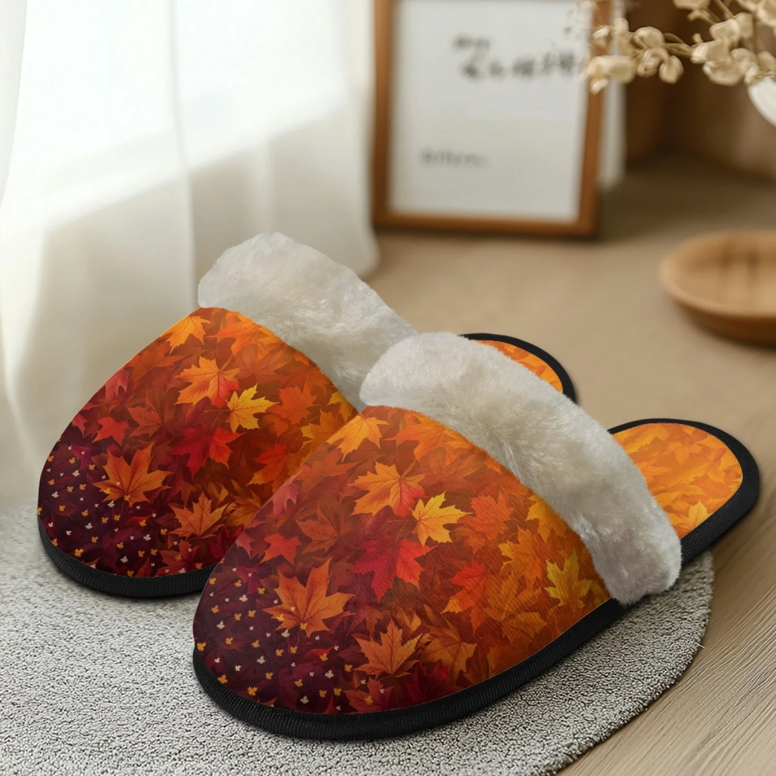 

Зимние нечеткие тапочки с принтом кленовых листьев для мужчин и женщин, сабо, плюшевая домашняя обувь, меховые тапочки, нескользящие хлопковые тапочки, теплые шлепанцы