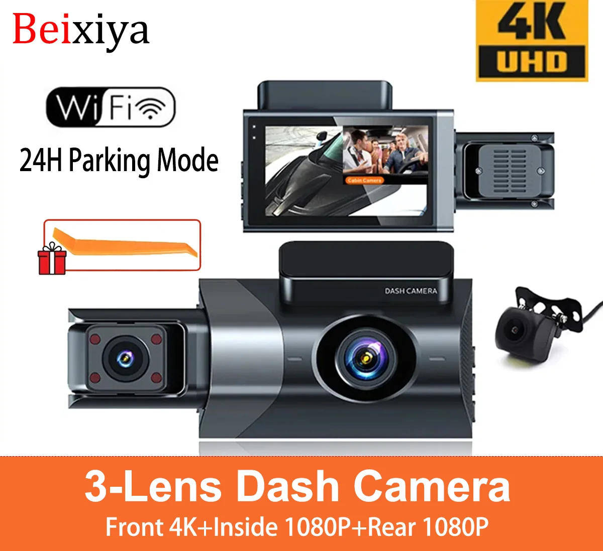 Beixiya Dash Cam Front and Rear Inside 3 Channel 4K Wifi Dash Car Camera with 24h Parking Mode Black Box Video Recorder Dashcam 