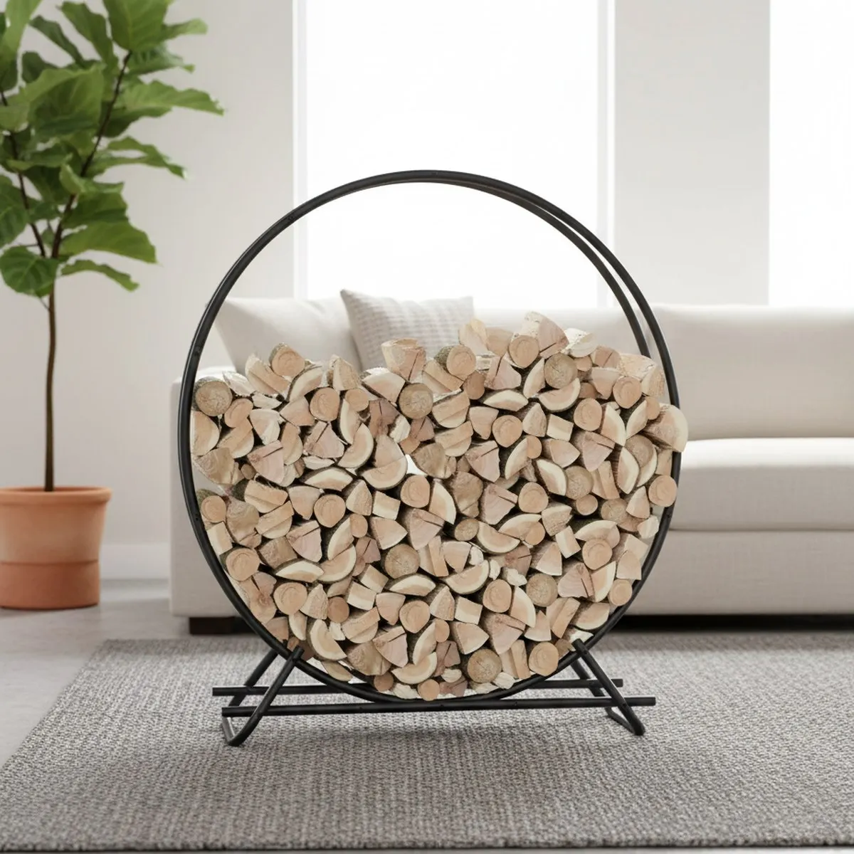 48 Inch Metal Pipe Firewood Rack Circle Indoor Outdoor 4 FT Diameter Black Heavy Duty Steel Log Holder Fireplace Firepit Patio B