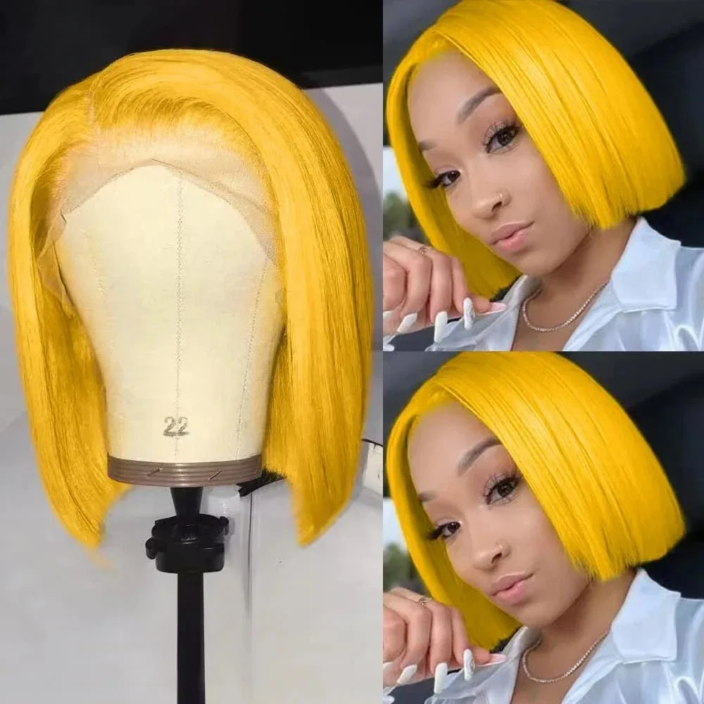 

Yellow Wig 12Inch Short Bob Straight Lace Front Wig 13x4 HD Lace Wig for Women Synthetic Pre Plucked Glueless Cosplay Party Wear