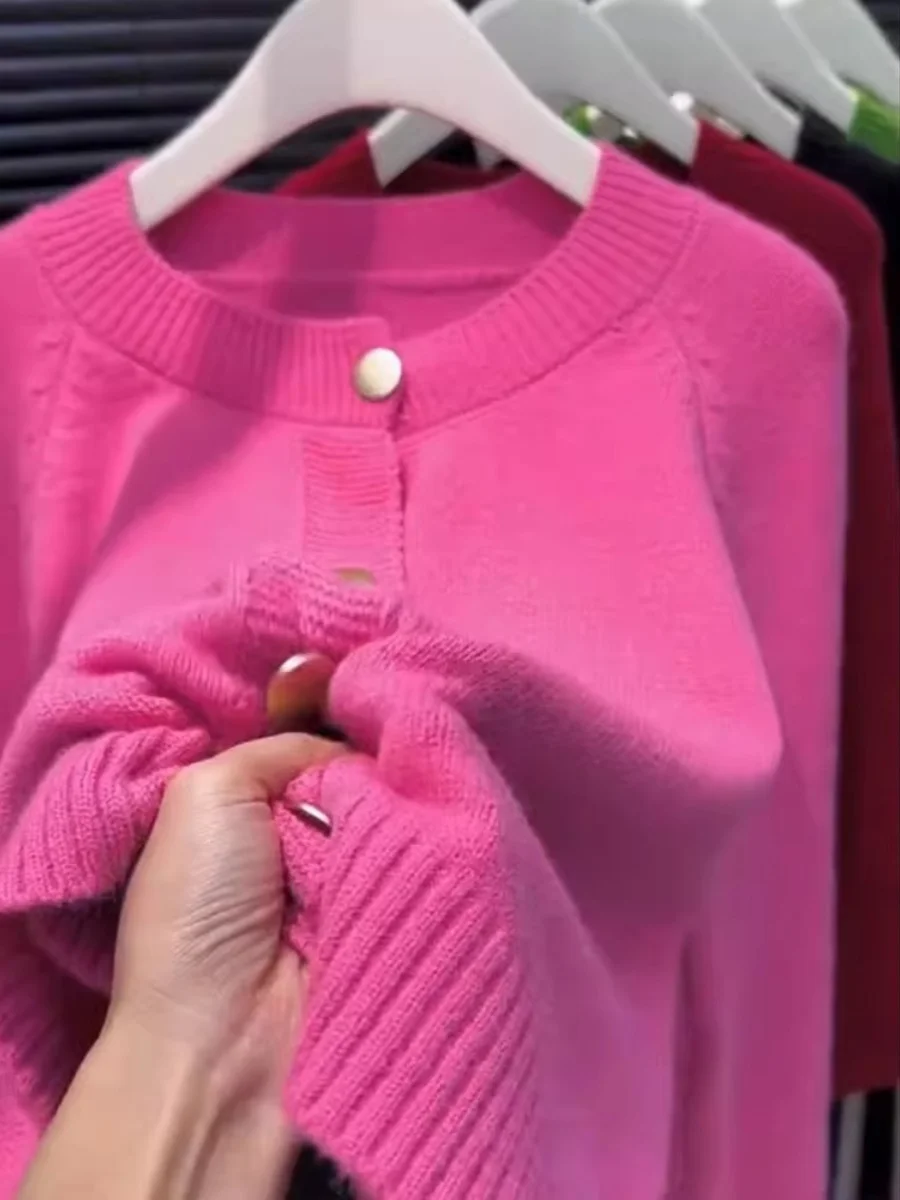 

Soft Raspberry Pink Cashmere Knitted Open Cardigan Sweater Women's Autumn Winter Fashion Korean Style Comfortable Lazy Style
