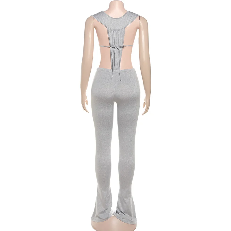 จั๊มสูทคอวีสีพื้นแบบเซ็กซี่สำหรับผู้หญิง โชว์หลัง