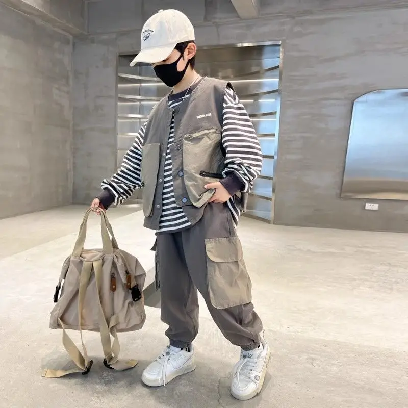 

3 PCS set Spring Autumn Boy Clothing set Casual vest+ Striped T-shirt+ Pant Kid Children baby toddler boy Hip hop clothes 3-10