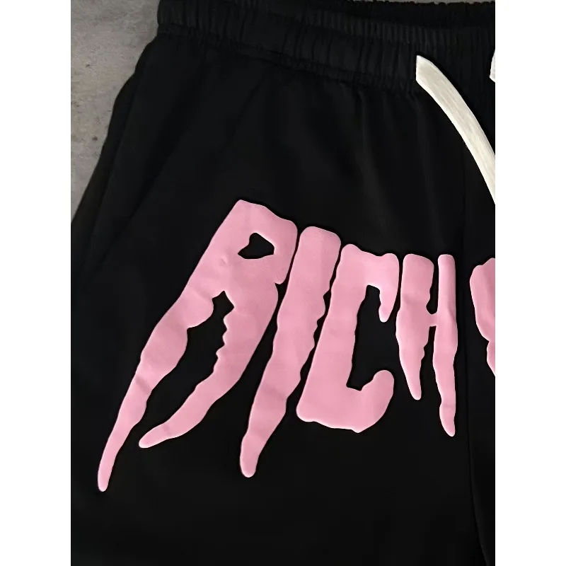 Men'S Gothic Letter Print Drawstring Shorts, Casual Loose Fit Elastic Waist Sports Shorts, Streetwear Hip Hop Summer Bottoms