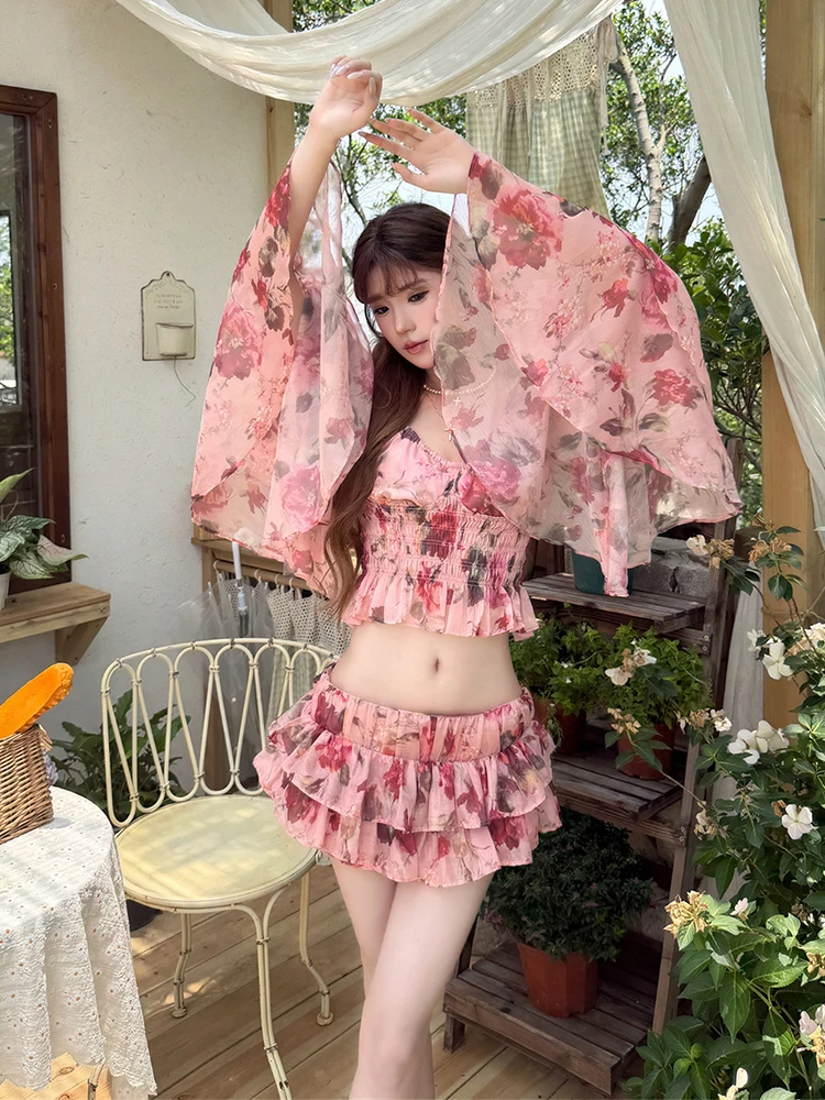 ReddaChic Floral Chiffon Crop Top Short Set Pretty Ruffle Tiered Mini Culottes Shirring Bell Sleeve Blouse Cute Woman Clothes