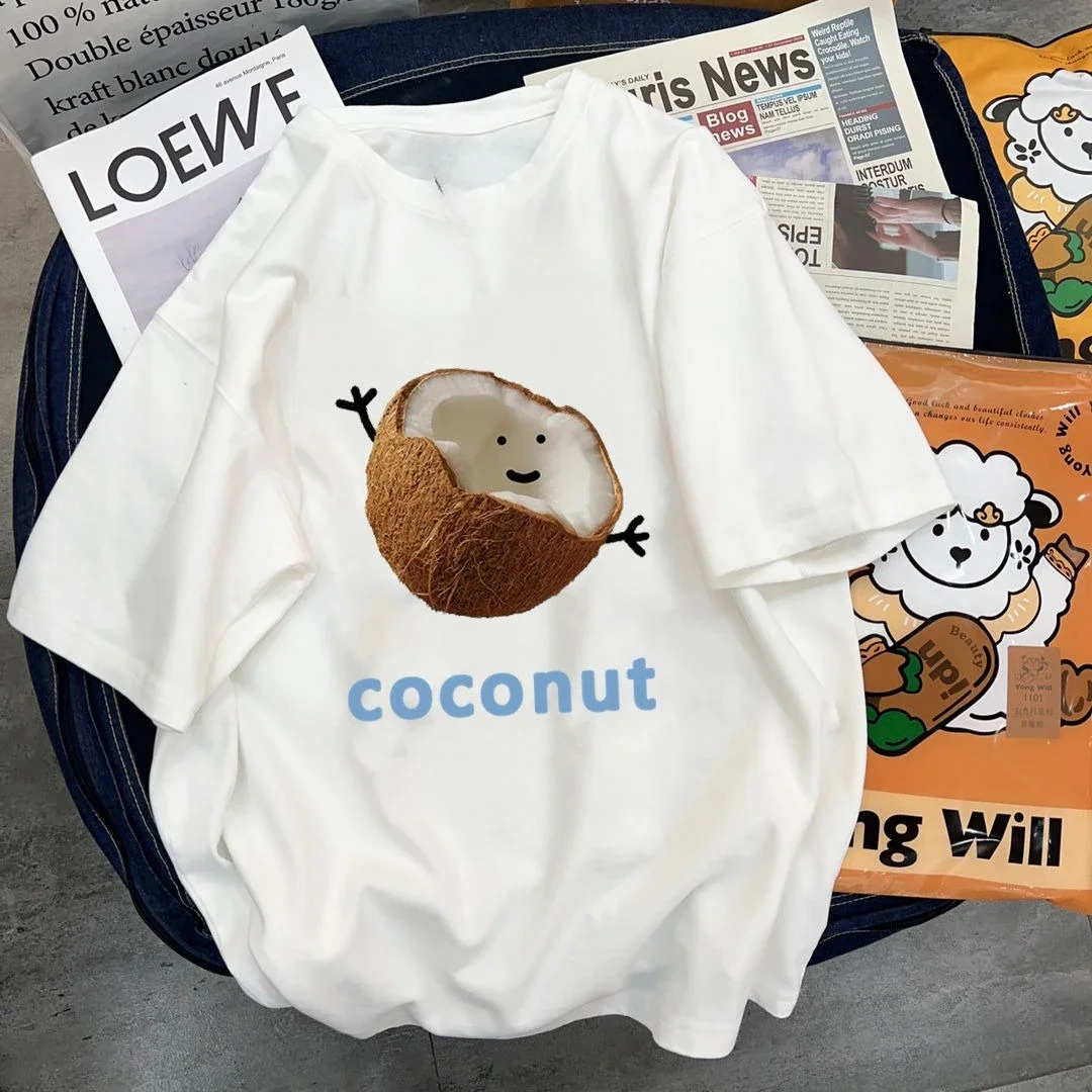 لطيف جوز الهند القطن الخالص قصيرة الأكمام تي شيرت للنساء صيف جديد 2025 فضفاض ومتعدد الاستخدامات عادية Ins لباس أبيض