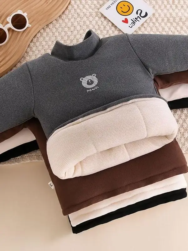 

Утепленная хлопковая толстовка с капюшоном для мальчиков, теплая внутренняя футболка с круглым вырезом, зимняя одежда для детей