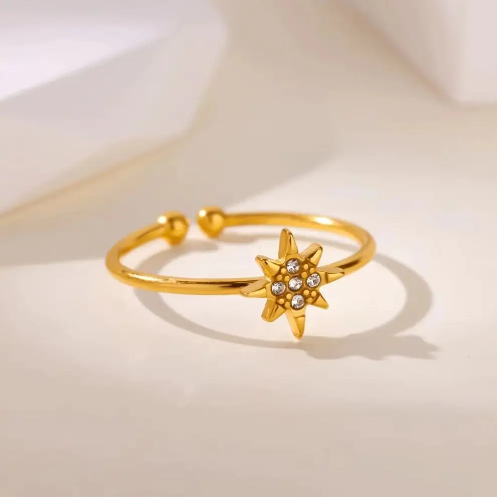 Einzigartige Stern-Zirkon-Ringe für Damen, 18K vergoldeter Edelstahl, Sonnen-Öffnungsring, Hochzeitsfeier-Schmuckgeschenk.