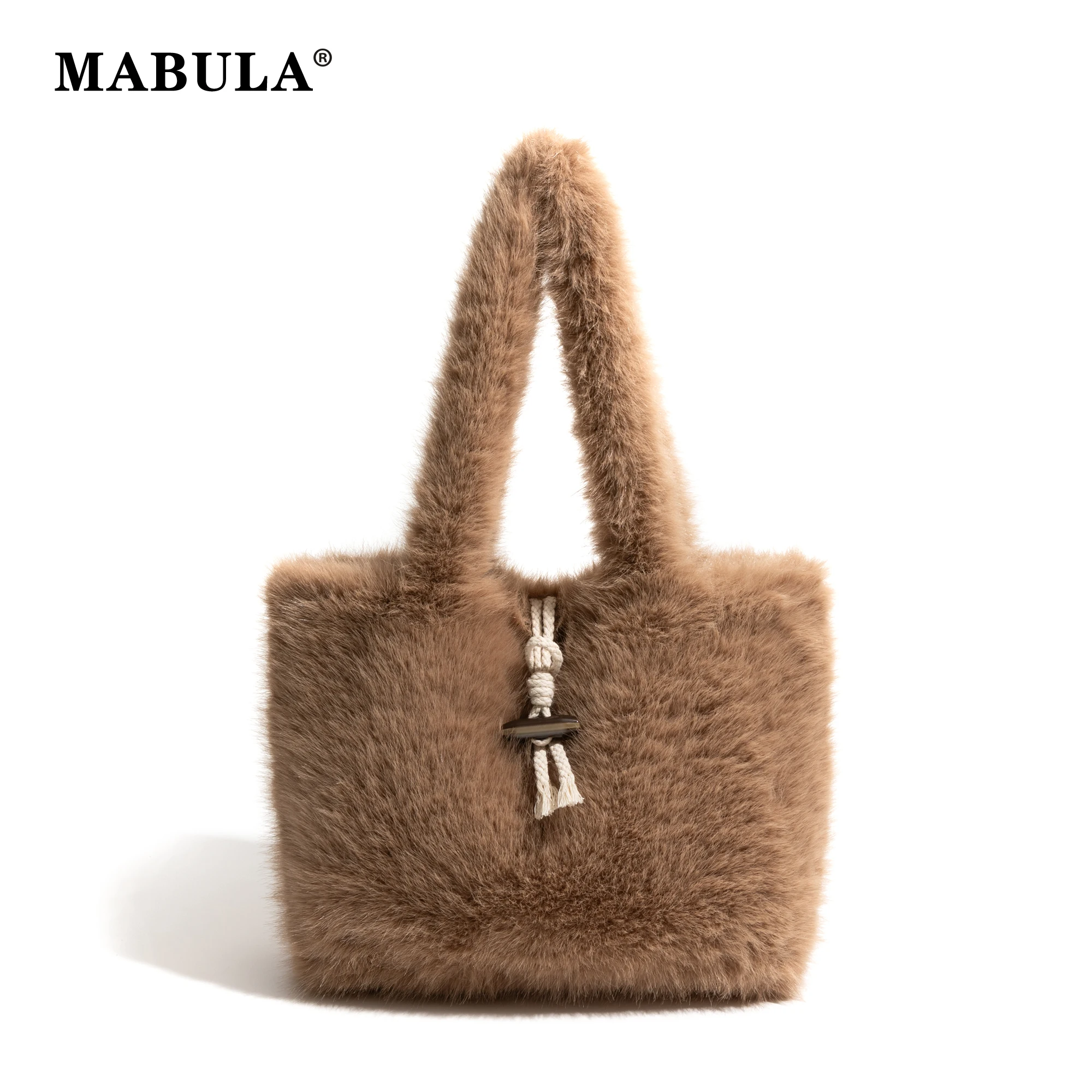 

MABULA Winter Fluffy Cutie Square Tote Handbag Faux Fur Solid Fashion Shopping Shoulder Bag Simple Casual Phone Purse For Female