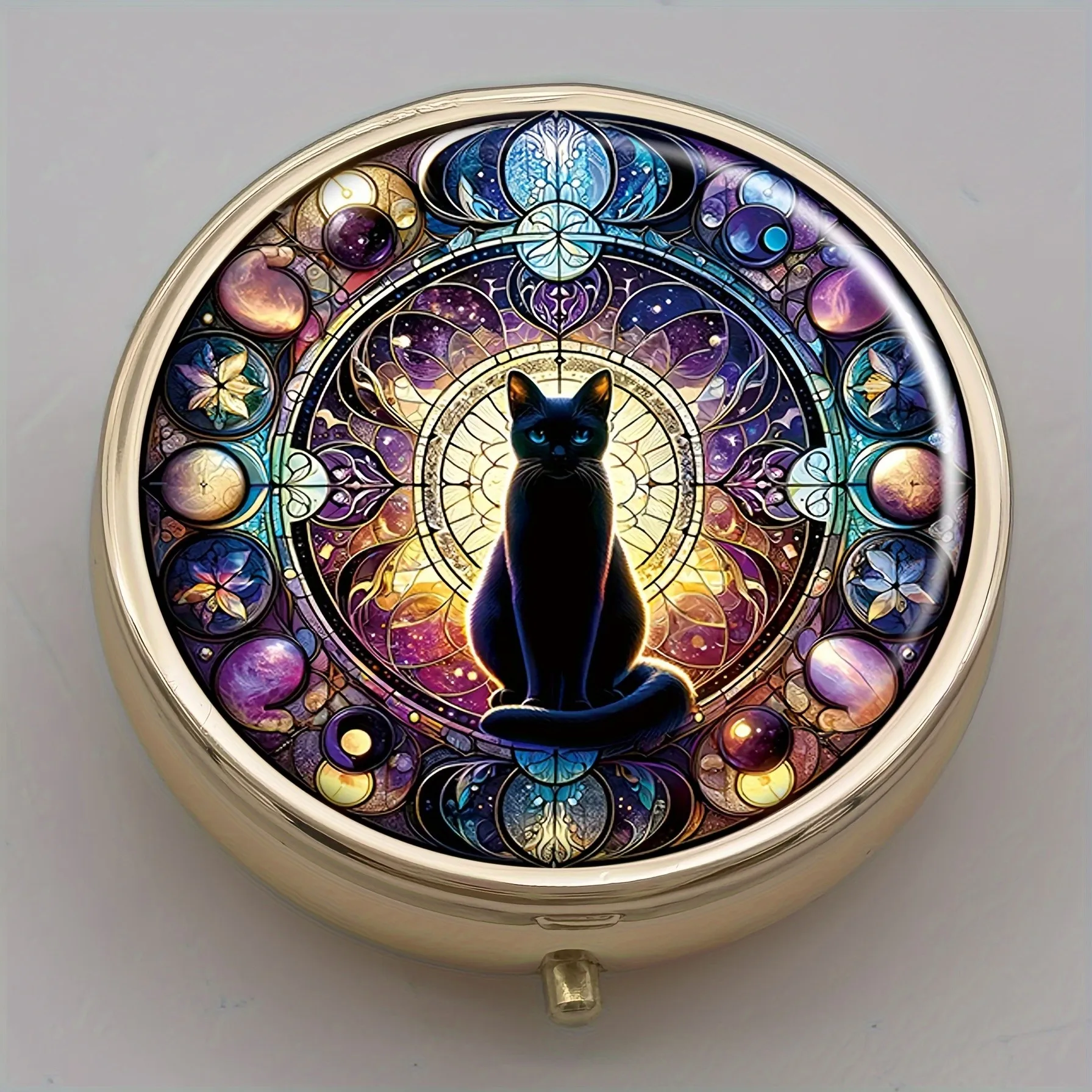 Moon And Black Cat Themed Pill Box - Golden Round Portable Design, Small Travel Size, Suitable for Wallet Or Pocket Storage