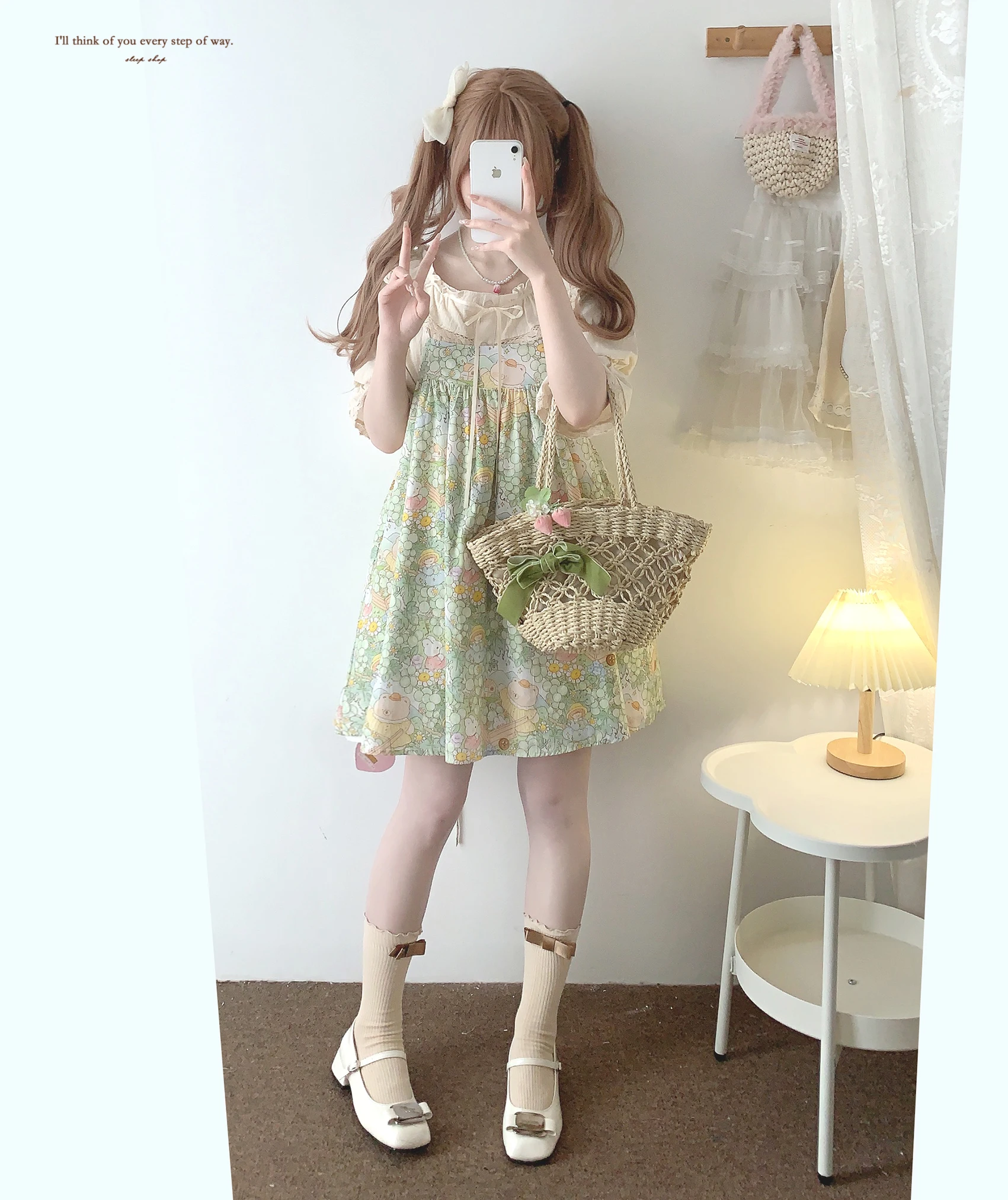 Japanese Style Mori Fairy Tale Cute Full Print Animal Fruit Sling Cotton Loose Suspender Dress Long Sleeve Inner Blouse Women