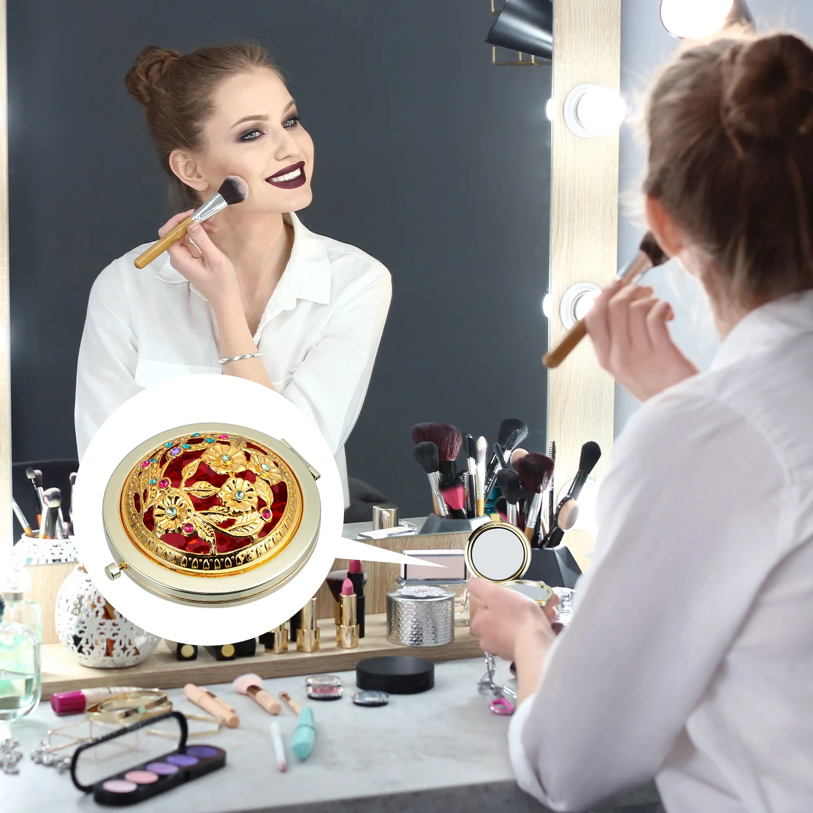 2 قطعة مرآة ماكياج المحمولة خفيفة الوزن قابلة للطي مدمجة مستديرة مزدوجة الجوانب مرآة جيب السفر المحمولة الرجعية جوفاء #5