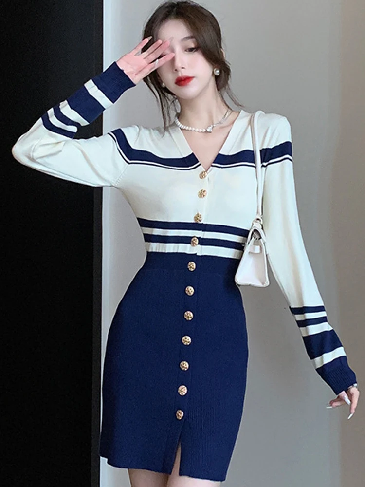 Elegant Knit Mini Dress Women Vintage Casual Button Long Sleeve Bodycon Elastic Short Gown Femme Street Workwear Vestidos Mujer