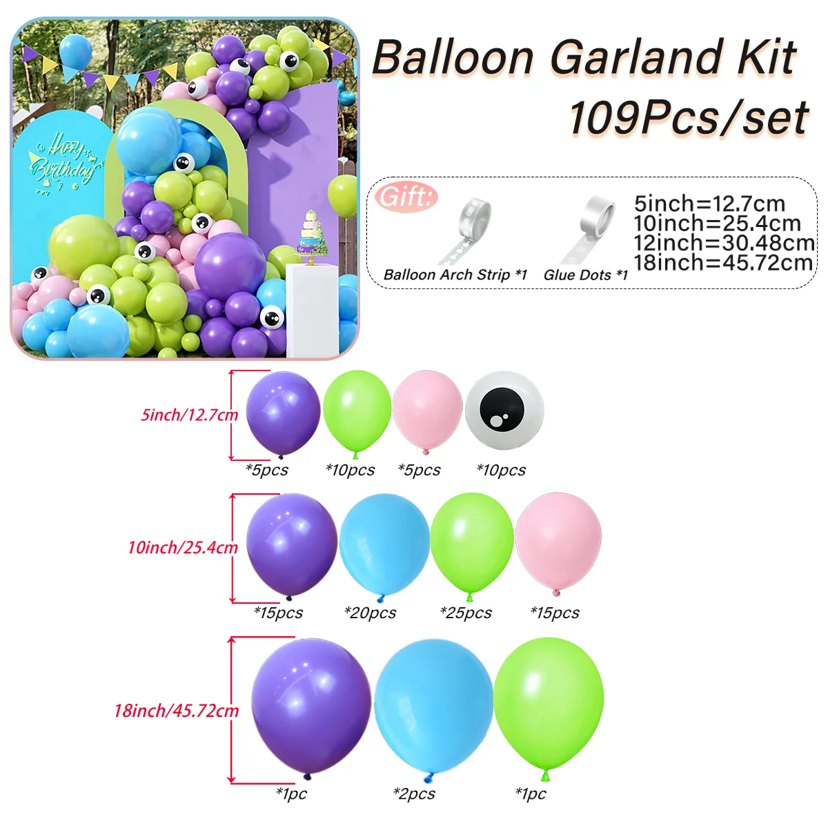 109 pcs 5，10，18 inch latex balloon arch kit multiple colors party decoration balloons,used to decorate birthday parties，holiday