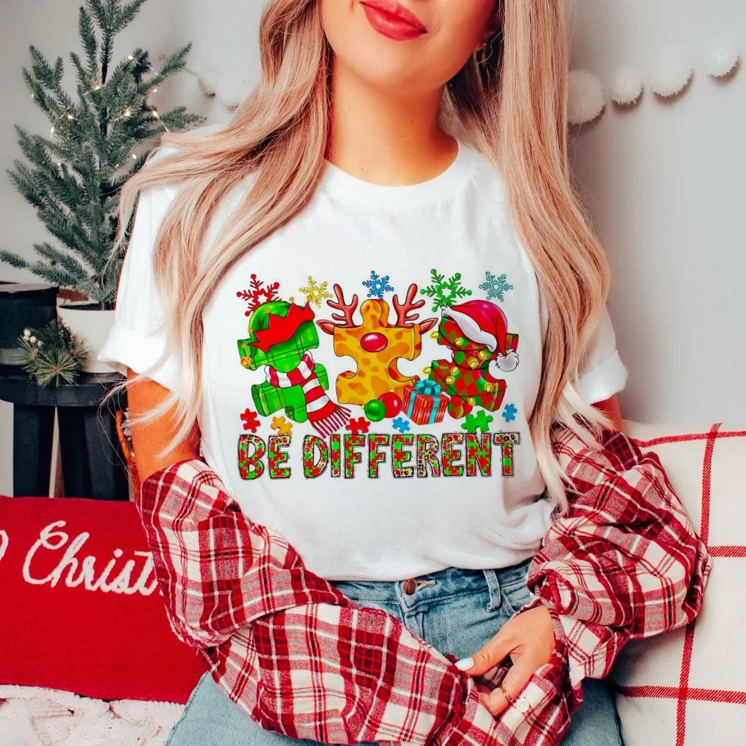 Printed Women's Autism Awareness Be Different Pattern T-Shirt Christmas Gift Happy New Year Women's Casual Clothing O-Neck T-Shi