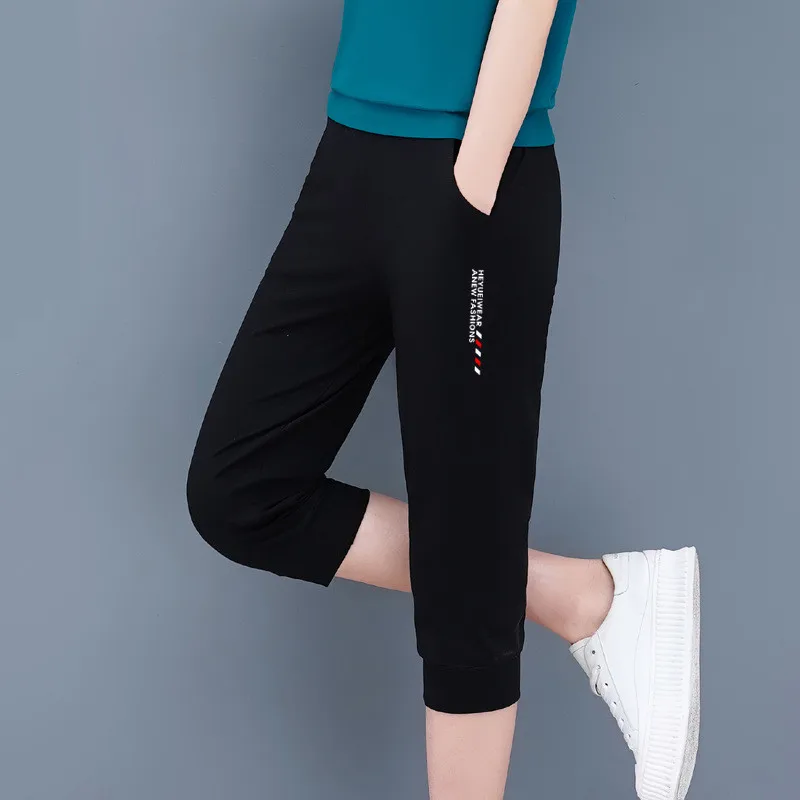 

Casual Capri Pants for Women, Black Sports Printed Latter Cropped Pants, Elastic Loose Female Calf Length Trousers, Summer