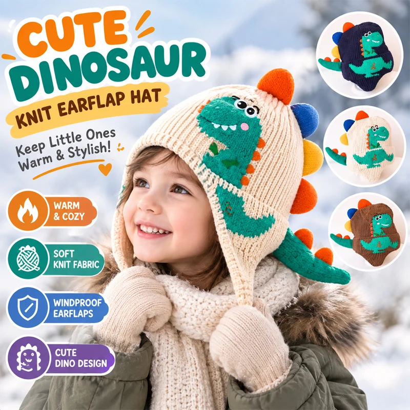 Knit Dinosaur Earflap Hat Cute Cartoon Winter Beanie for Boys Girls Windproof Warm Winter Cap with Dino Spikes for Cold Weather