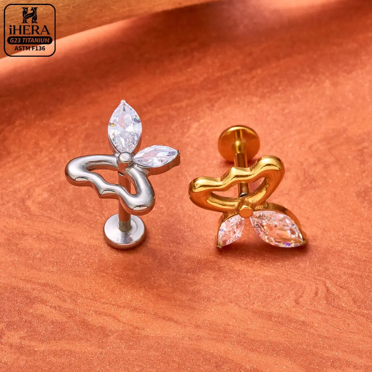 F136 Titan-Piercing-Set mit glitzernden Fächer-, Herz-, Kronen-, Libellen-, Schleifen- und Blumen-Ohrringen mit flacher Rückseite für Knorpel, Helix, Tragus, Conch und Lippe – Detail 33
