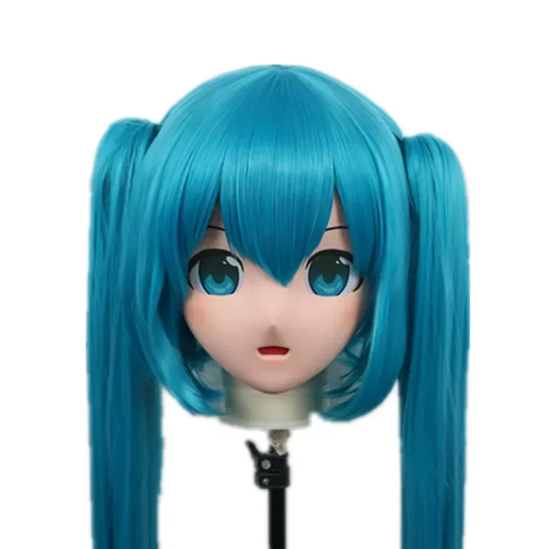 (B66) Customized Lifesize Mask Crossdressing with Backshell Silicone Anime Kigurumi Mask Cosplay with Blue Wig Ponytail