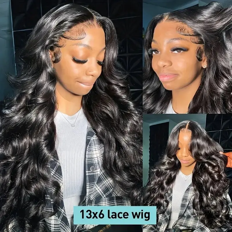 Natural Black 42 Inch Glueless Transparent 13X6 Lace Frontal Wigs Brazilian Human Hair Wigs Body Wave 150 Density