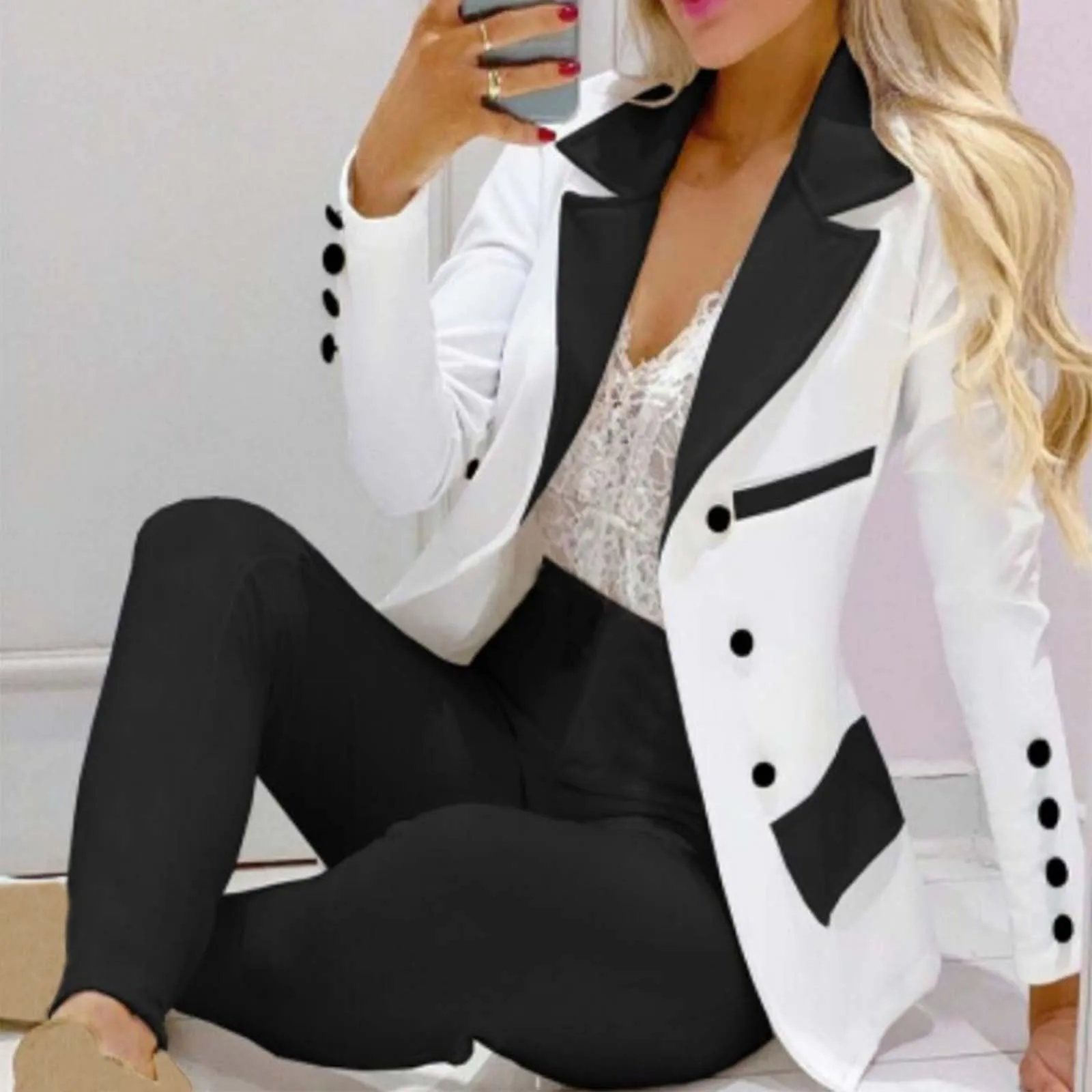 

Ladies Suit Two-Piece Set Ladies Black and White Business Casual Fashion Suit Women's Autumn and Winter Suit Two-Piece Set