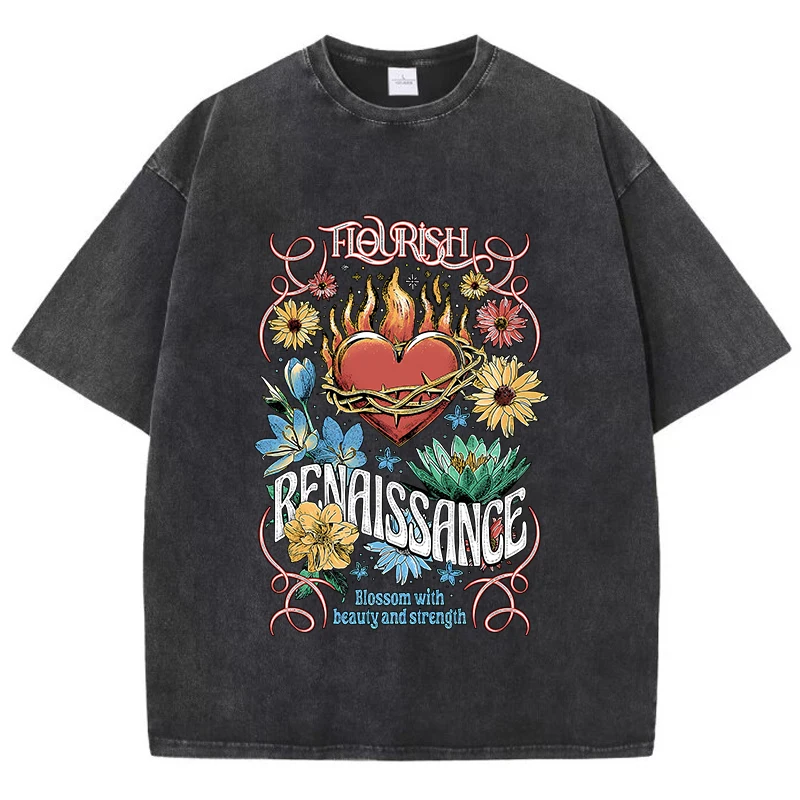 Cotton Womans Acid Wash T-Shirts Flourish Renaissance Flower Prints Tops Oversize Distressed Crewneck Tee Shirts Casual Clothes