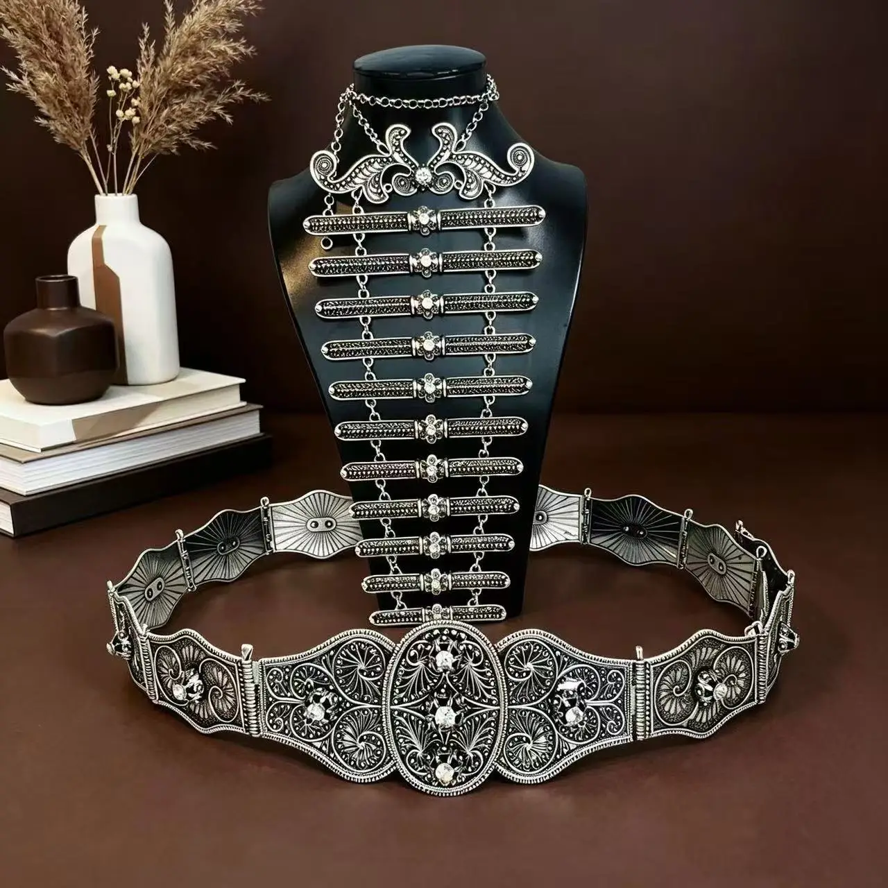 Vintage Caucasus Kazakhs Bridal Belt Breastplate Wedding Jewelry Sets Metal Slavic Women Waist Belt Adjustable Length