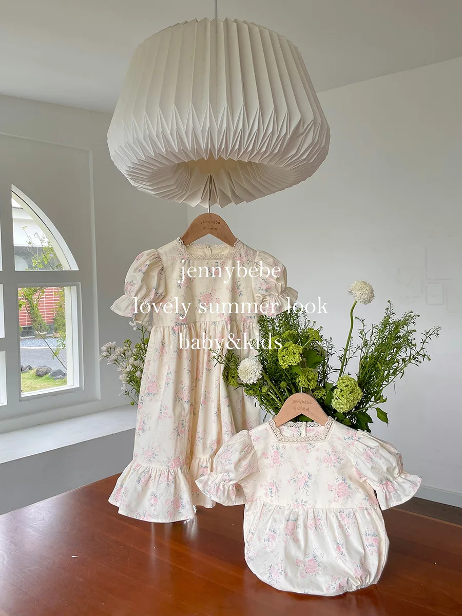 Family Matching Clothes Summer Floral Lace Dress Baby Girl Short -sleeved Cotton Dress Baby Girl Romper Sisters Look