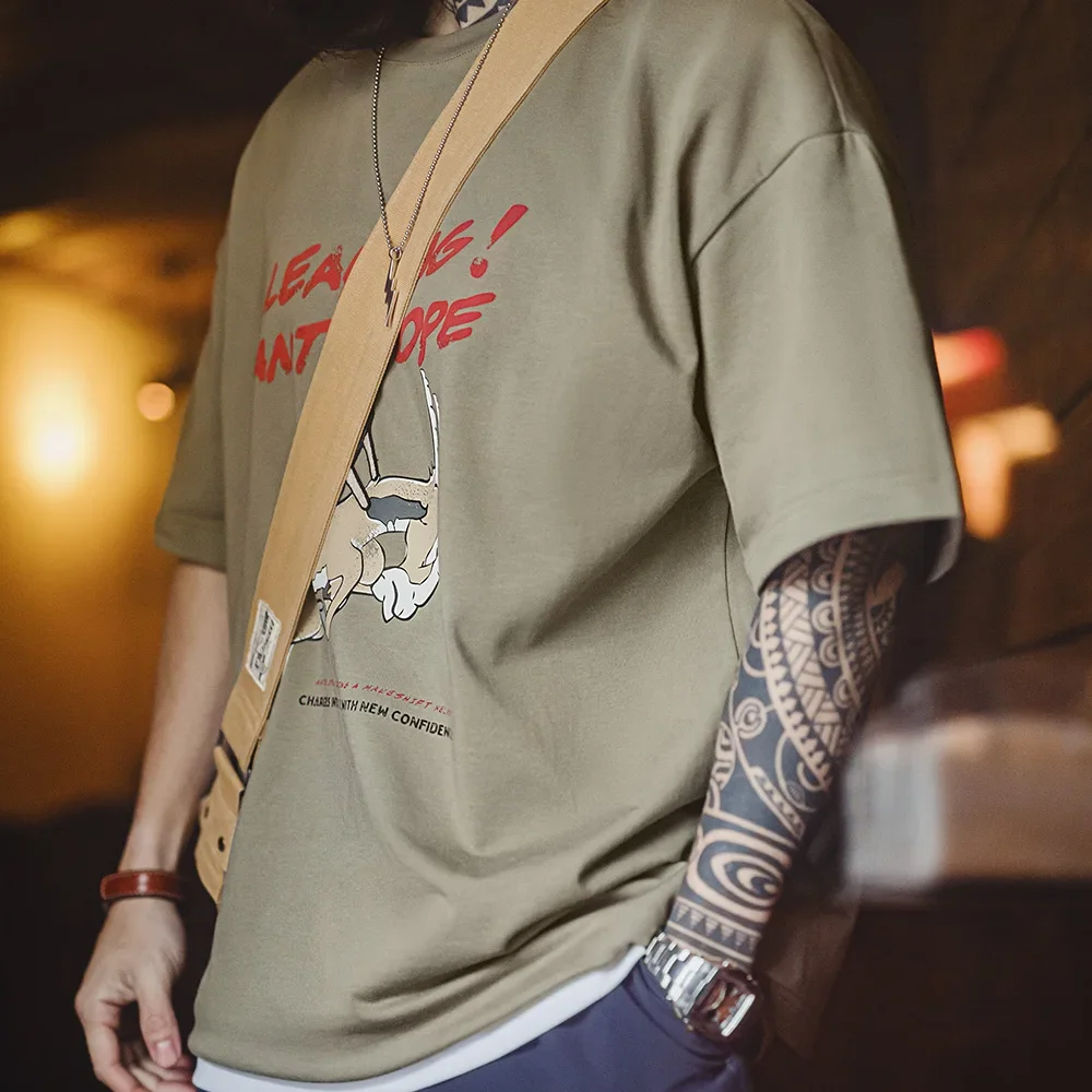 

Maden Vintage Embroidered Heavyweight Short Sleeves T-Shirt Men's Summer Ribbed Crew Neck Tee Loose Fit Cotton Casual Street Top