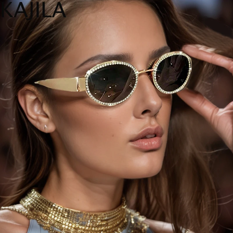 Gafas de sol ovaladas con diamantes de imitación para mujer, lentes de sol de Metal Vintage con montura pequeña, de diseñador de marca de lujo, 2024