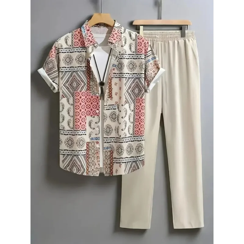

Men's two-piece casual outfit-Retro Totem 3D Printing-short sleeved button up shirt, drawstring pants, Hawaiian style vacation