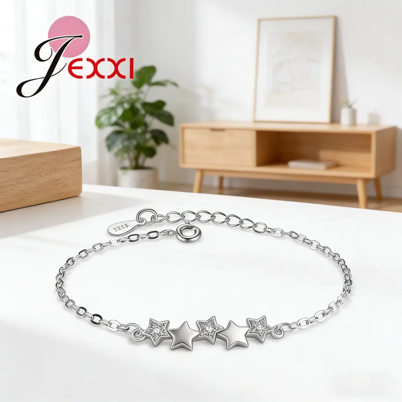 New Arrival Cute Stars Micro Paved Crystals 925 Sterling Silver Link Chains Bracelets For Women Femme Wedding Engagement