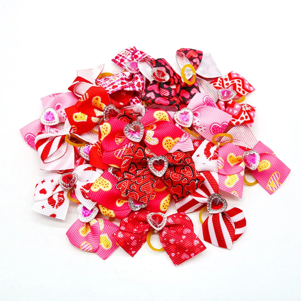 10PCS Valentine\'s Day Dog Bows Red Style Hair Bow Rubber Band for Dogs Fashion Puppy Cat Hair Boutique Dog Hair Accessories