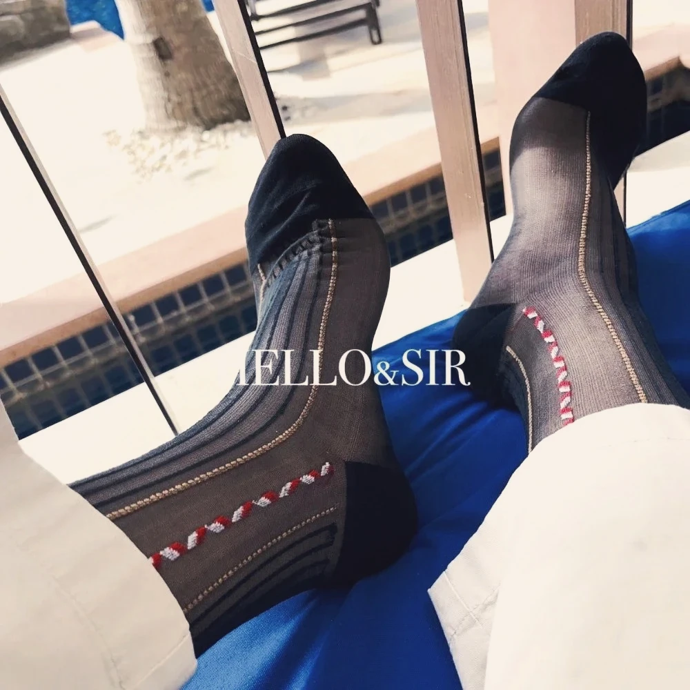 

New Mans Socks Sheer Business Formal Suit Socks for Men Sexy Ultrathin Transparent Hollow Jacquard Striped Design Mid-Calf Socks
