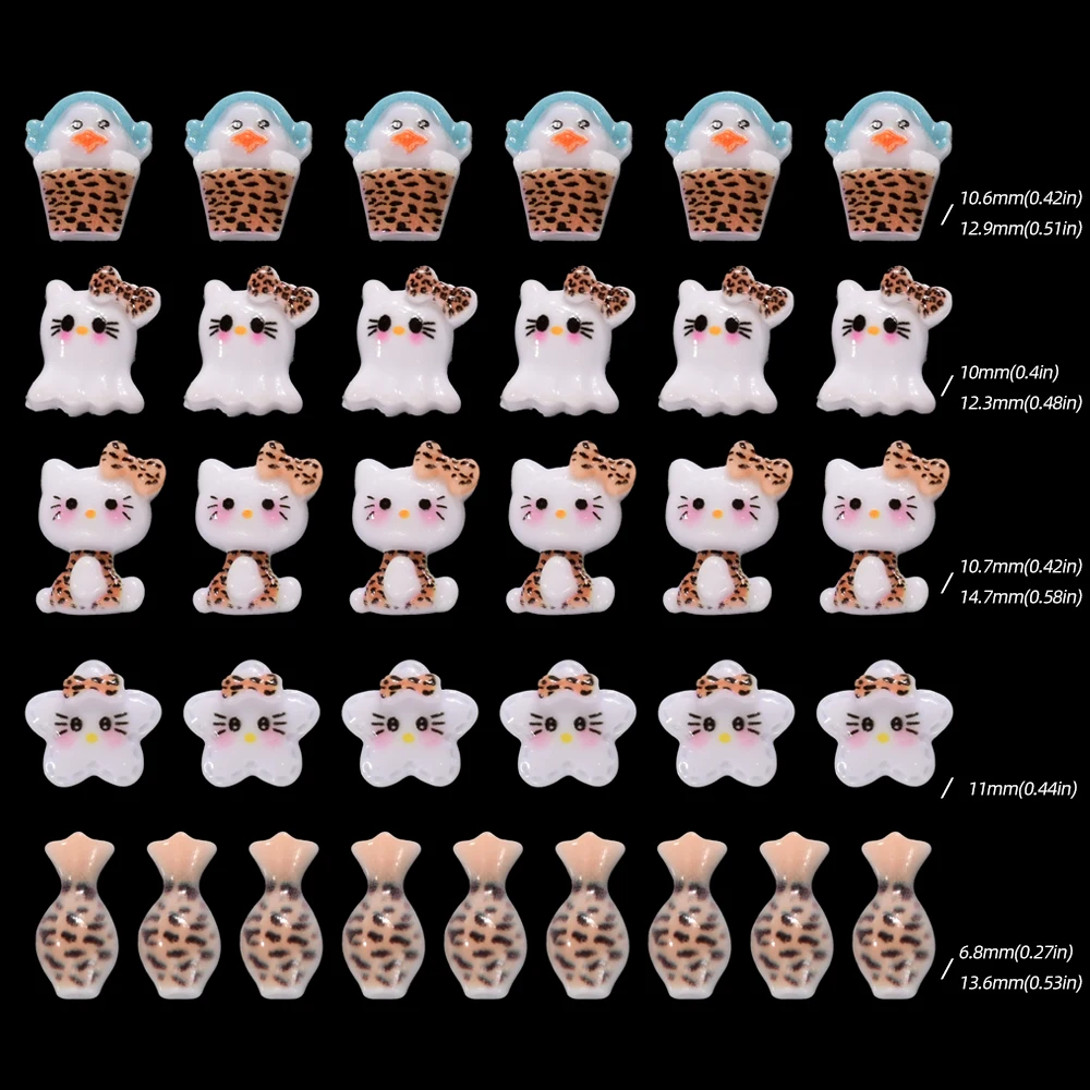 6/9 กริด/กล่องผสม 3D เสือดาว Hello Kitty เล็บ Charms Kawaii Love-heart Kitty Cat Nail Art Flatback เรซิ่น KT แมวเล็บอะไหล่ &*