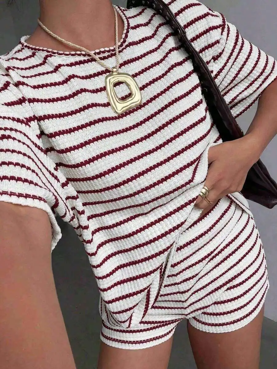 

Womens Red And White Striped Round Neck Short Sleeve Top And Elastic Waist Loose Shorts 2-Piece Set