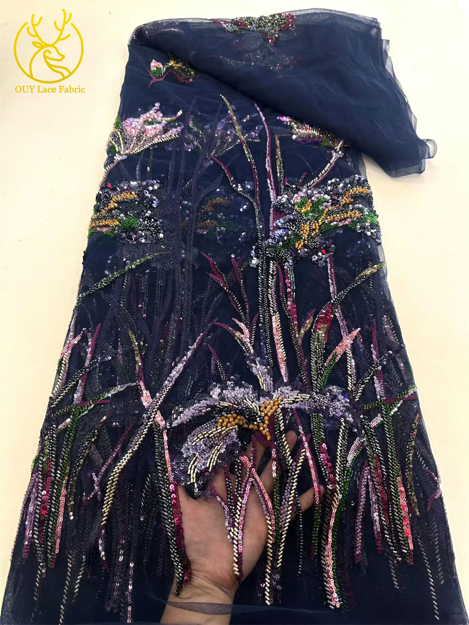 Modischer Afrikanischer Perlen-Pailletten-Spitzenstoff 2026 Hochwertiger Französischer Tüll Nigerianisches Damen-Abendkleid Nähzubehör 5 Yards – Detail 11