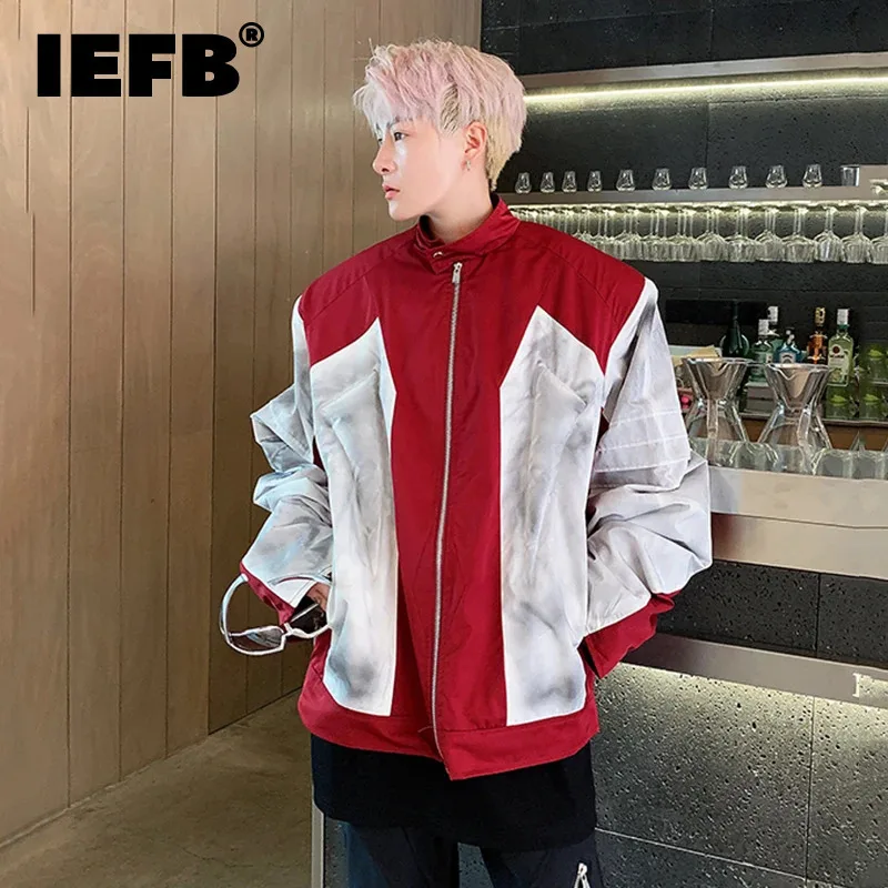 IEFB American Style Men's Jackets Shoulder Pads Patchwork Worn-out Tops Contrast Color Stand Collar Loose Male Coats New 9C7836